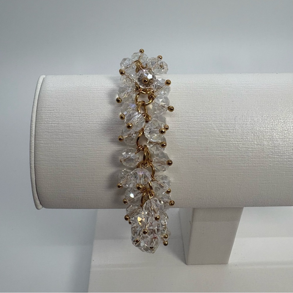 White Crystal Ball Bead Cluster Bridal Wedding Bracelet in Gold Tone
